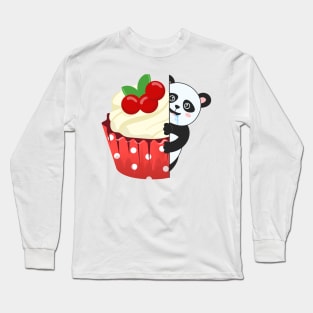 Hungry panda try to eat cupcake Long Sleeve T-Shirt